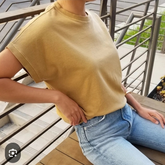 Lou & Grey Muted Mustard Yellow Supima Cotton Tee Curved Hem - Picture 2 of 6